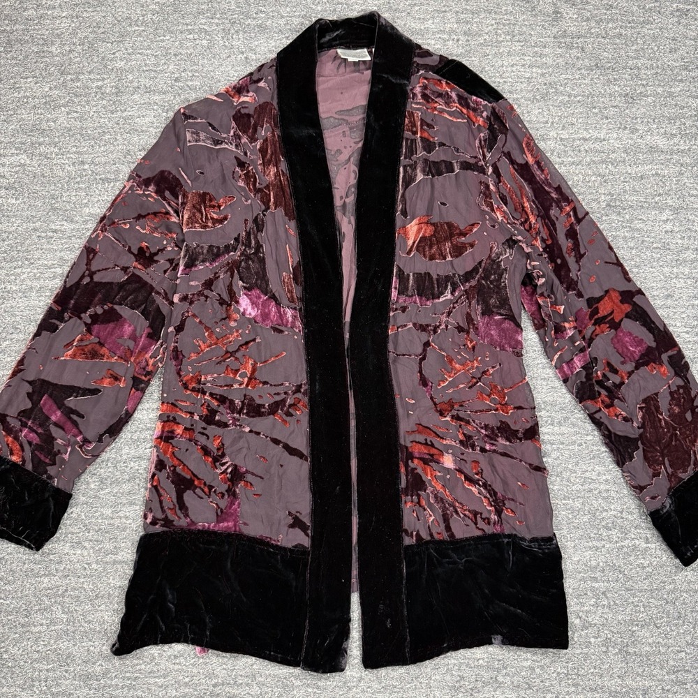 Chico's Velvet Burnout Kimono Jacket Women 1 Medium Burgundy Silk Whimsical Goth